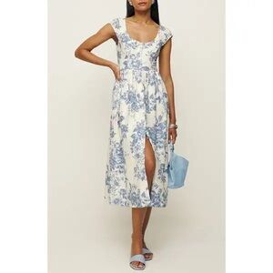 Reformation Florrie Floral Blue and White Dress